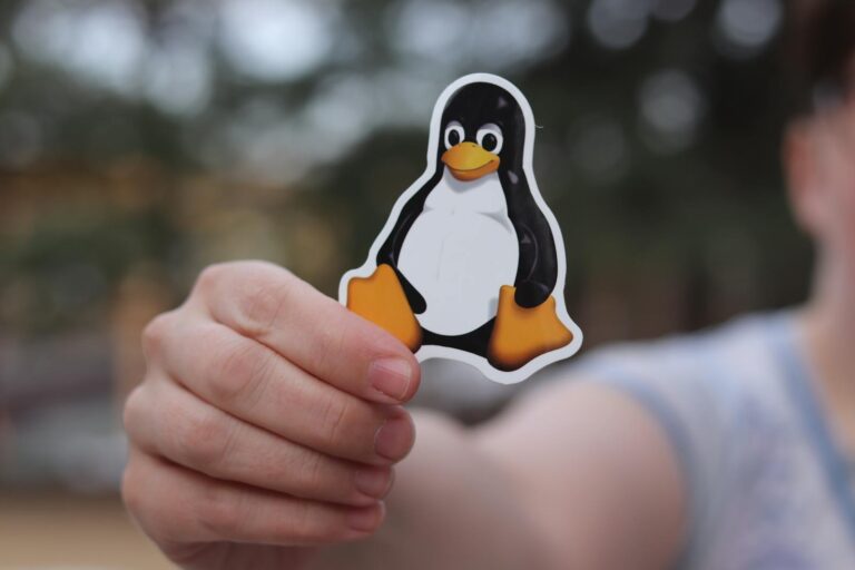 系統軟體介紹 A close-up shot of a hand holding a penguin sticker against a blurred outdoor background.