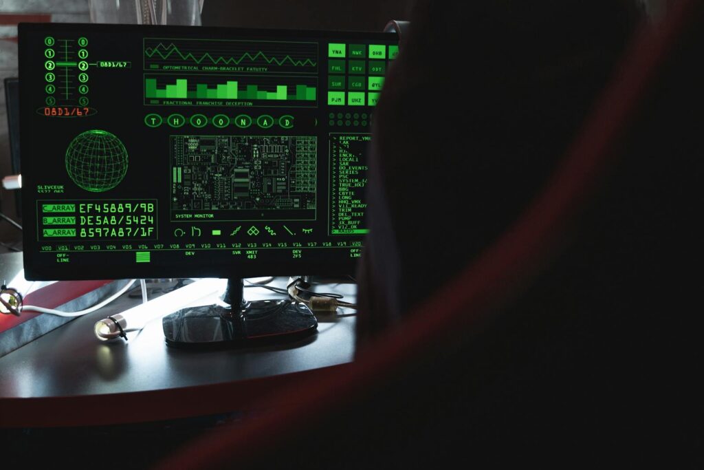 Prometheus 介紹 View of a computer monitor displaying green digital security code in an indoor setting.